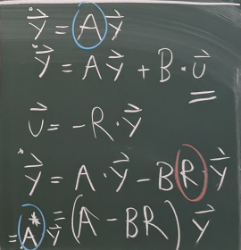 Das Konzept des Zustandsreglers: Die Eigenwerte werden durch (meistens negative) gewichtete (Matrix R) Rückkopplung der Systemzustände verschoben, es entsteht eine veränderte Systemmatrix A*.