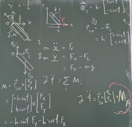 Aufstellen der Newton-Euler-Gleichungen und Bestimmung des durch die Zwangskräfte Fx und Fy hervorgerufenen Moments.