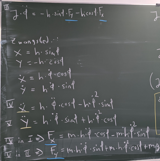 Ausnutzung der Zwangsbedingungen durch zweimalige Ableitung, dann in die Newton-Gleichungen einsetzen, um Fx und Fy in Abhängigkeit von phi, phi_punkt und Phi_zweipunkt zu bestimmen.