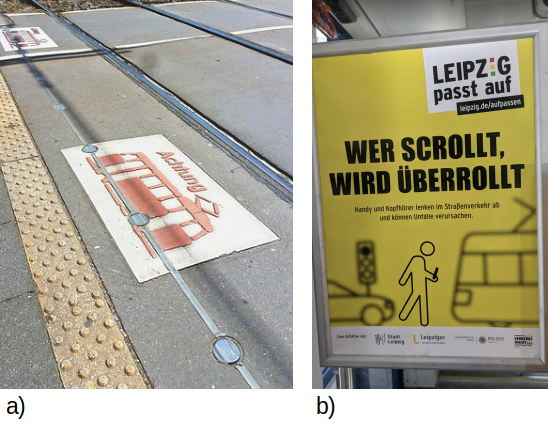 a) PRO: Bodenampeln in K&ouml;ln (Bildquelle: Wikipedia) | b) CONTRA: Plakat in einer Stra&szlig;enbahn in Leipzig (Privates Foto).