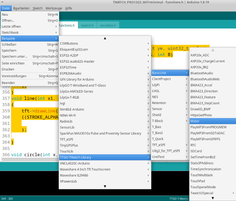 Achieving the examples from TTGO_TWatch_Library-1.4.3