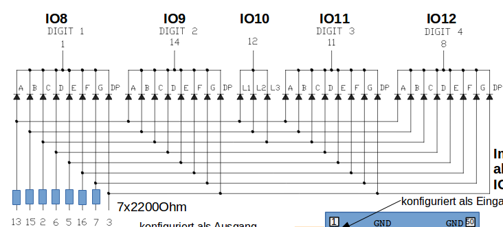 Zuordnung der Pins bei LTC-2723WC. -- Verwenden Sie bitte 220 Ohm Vorwiederst&auml;nde, nicht 2200Ohm!!!