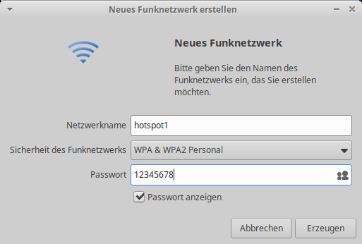 1b) Neues Funknetzwerk erstellen.