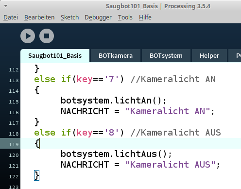 Geöffneter Processing-Sketch Saugbot101_Basis, kann durch Drücken des nach rechts weisenden Pfeils oben im Sketch gestartet werden.