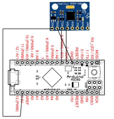 Schaltplan zur Verbindung des MPU6050 mit dem Arduino Micro (LED-Teil wurde hier weggelassen).