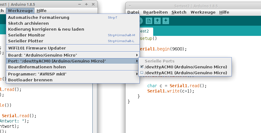 Zwei Arduino Micro werden nun von der Arduino IDE erkannt.