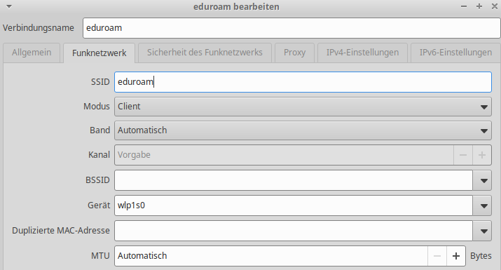 Einstellungen f&uuml;r die Einrichtung des Funknetzwerkes eduroam (Beispiel)