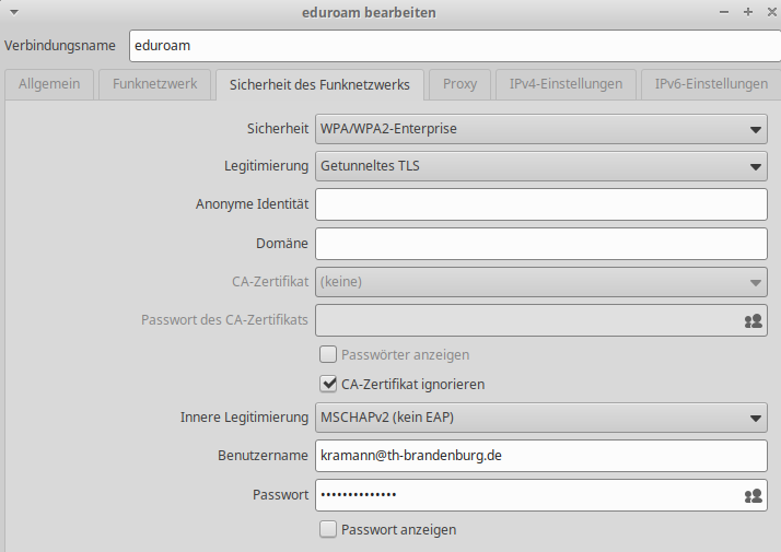 Einstellungen f&uuml;r die Einrichtung des Funknetzwerkes eduroam (Beispiel, Sicherheit)