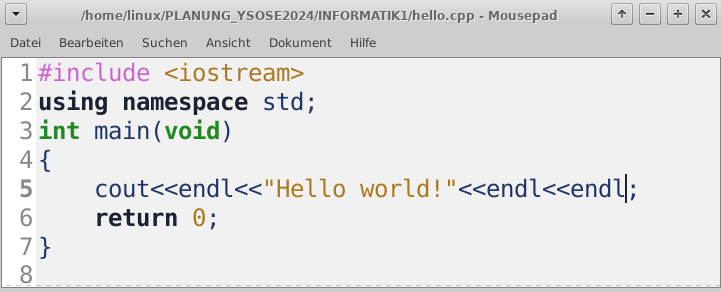 Der gleiche Quelltext im mousepad-Editor ge&ouml;ffnet mit Context-Highlighting.