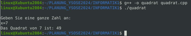 Screenshot von Terminaleingaben zur Übersetzung und Nutzung von quadrat.cpp.