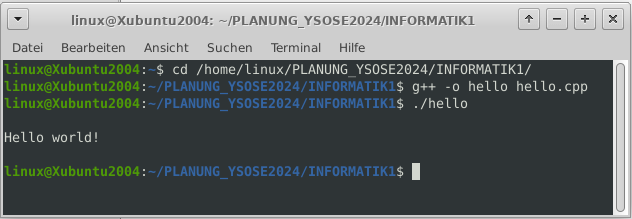 Screenshot vom Terminal: Notwendige Compiler-Befehle, um das Programm in Maschinensprache zu übersetzen und es anschließend laufen zu lassen.