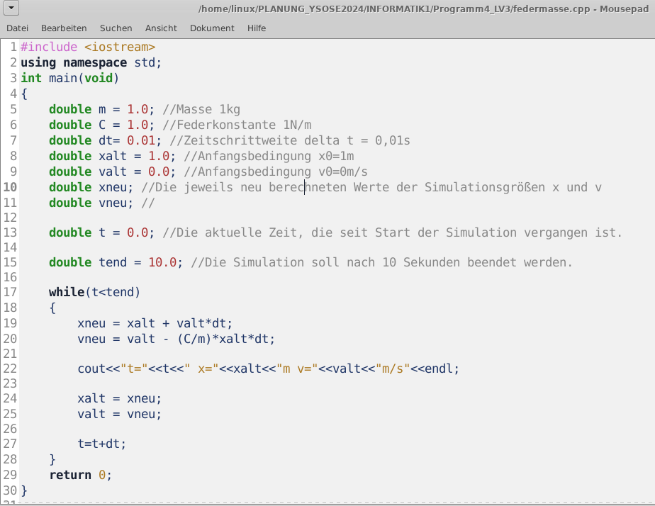 Screenshot des Quelltextes zum Simulationsprogramm mit Zeilenangaben zur Besprechung im Unterricht.