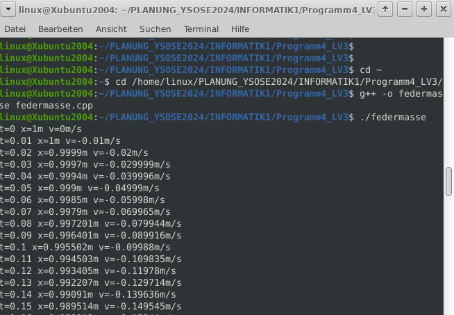 Eingaben in das Terminal, um das Programm zu kompilieren und zu starten.