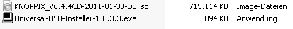 Universal-USB-Installer-1.8.3.3.exe und KNOPPIX_V6.4.4CD-2011-01-30-DE.iso im Datei-Explorer betrachtet.