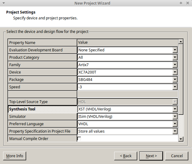 Neues Projekt mit VHDL umsetzen, zun&auml;chst richtigen FPGA w&auml;hlen.