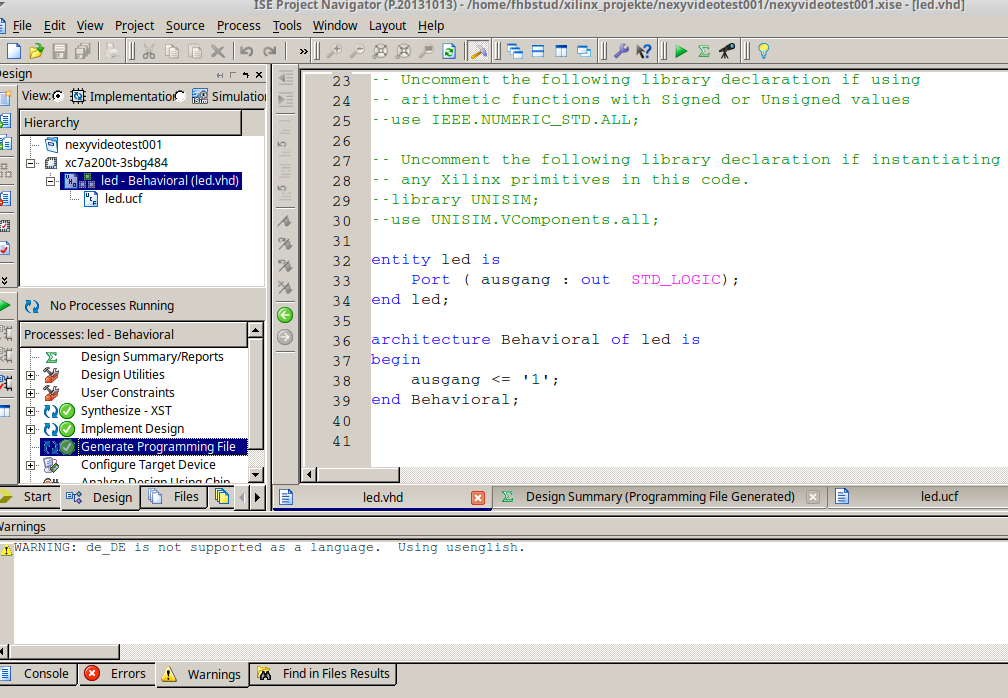 VHDL-Datei, um LED einzuschalten.