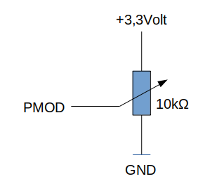 Anschluß eines Trimmpotentiometers (ev. Voltmeter ergänzen). ACHTUNG: PMOD-Buchse muß als digitaler Eingang konfiguriert sein (ohne Pullup).