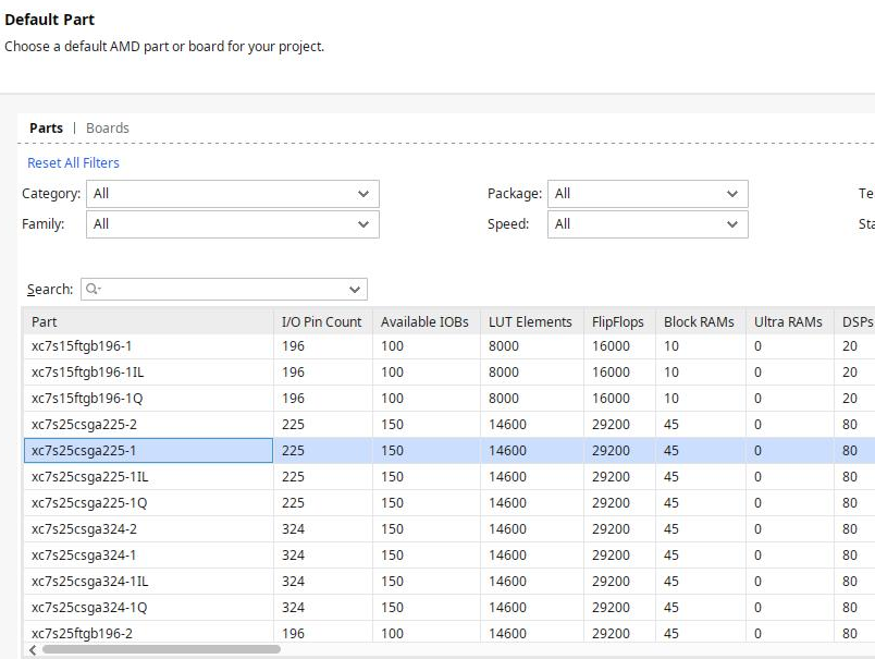 Zielbaustein festlegen, hier Xilinx Spartan-7 FPGA (XC7S25-1CSGA225C)