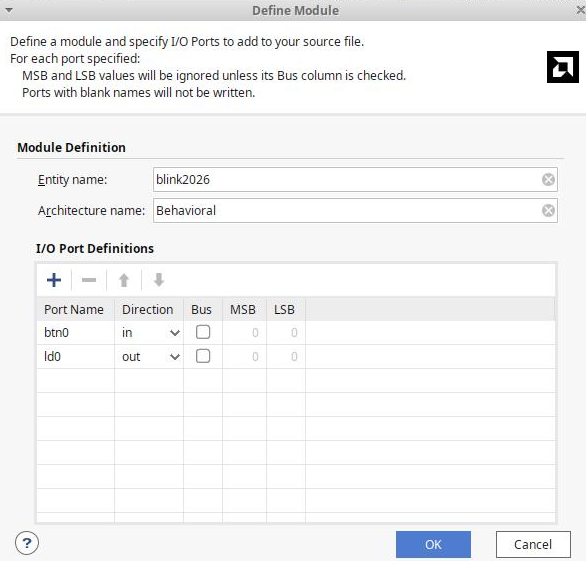 VHDL-Quelltextfile und Constraints-File erzeugen -- Ein- und Ausgänge festlegen.
