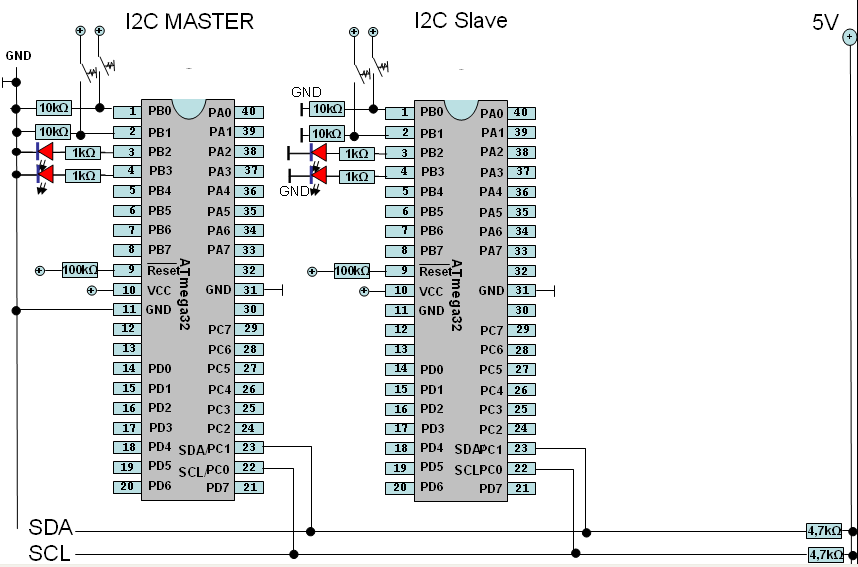 Testanordnung: I2C-Verbindung dreier ATmega32.