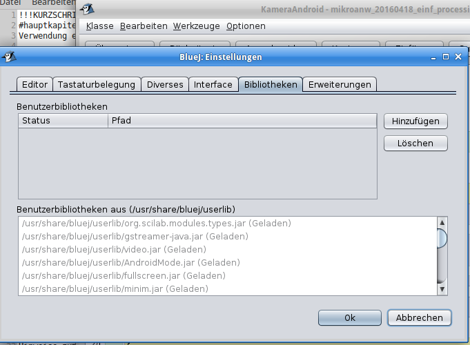 Damit BlueJ die Processing-Klassen kompilieren kann, werden die Processing Libraries in /usr/share/bluej/userlib eingefügt.