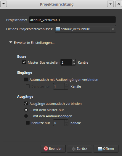 Einstellungen beim Anlegen des Ardour-Projektes.
