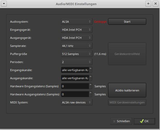 Audio-Einstellungen. Zukünftig typisch: 48kHz (wie im i2audiolab).