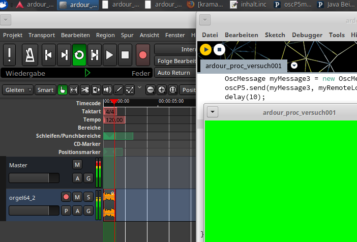 Screenshot des laufenden ersten Versuches, Ardour von Processing aus zu steuern.