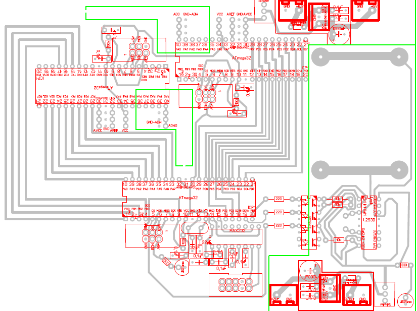 Layout mit zwei Mikrocontrollern zur Erfassung je eines Abstandssignals (oben links und rechts) und eines weiteren zur Verarbeitung der Abstandssignale und zur Generierung eines PWM-Stellsignals für den Laufkatzenmotor.