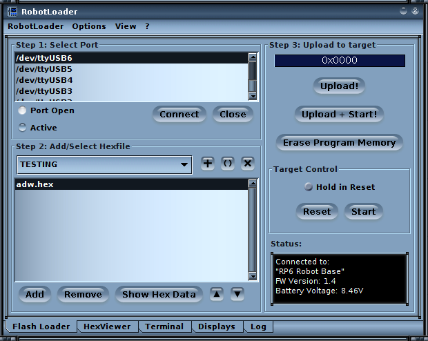 GUI von RobotLoader. (Erfolgreiche Verbindung)